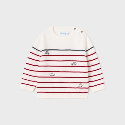 Mayoral Baby White Jersey Top with Red Stripes & Cars