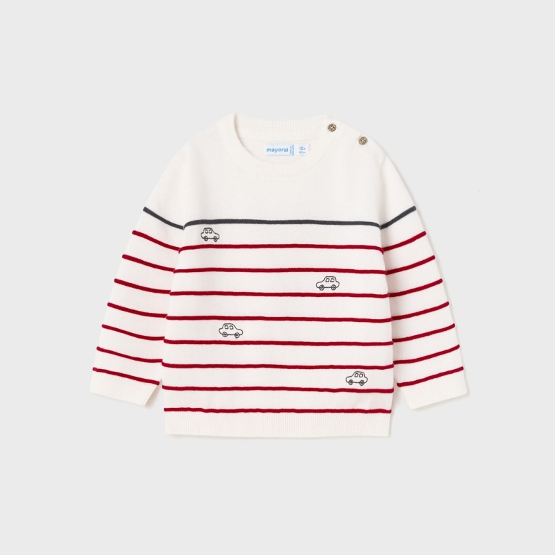 Mayoral Baby White Jersey Top with Red Stripes & Cars