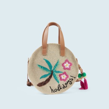 Mayoral Παιδική Ψάθινη Τσάντα Εκρού με Κεντητά Ροζ Λουλούδια 