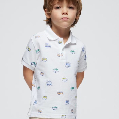 Kids White Polo Shirt With Vehicles Mayoral