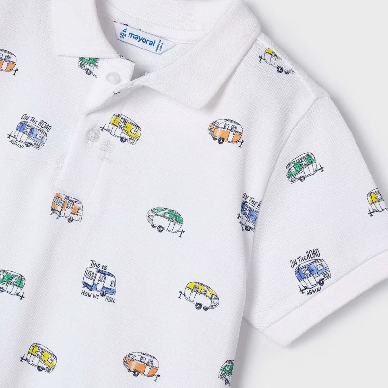 Kids White Polo Shirt With Vehicles Mayoral Kids White Polo Shirt With Vehicles Mayoral