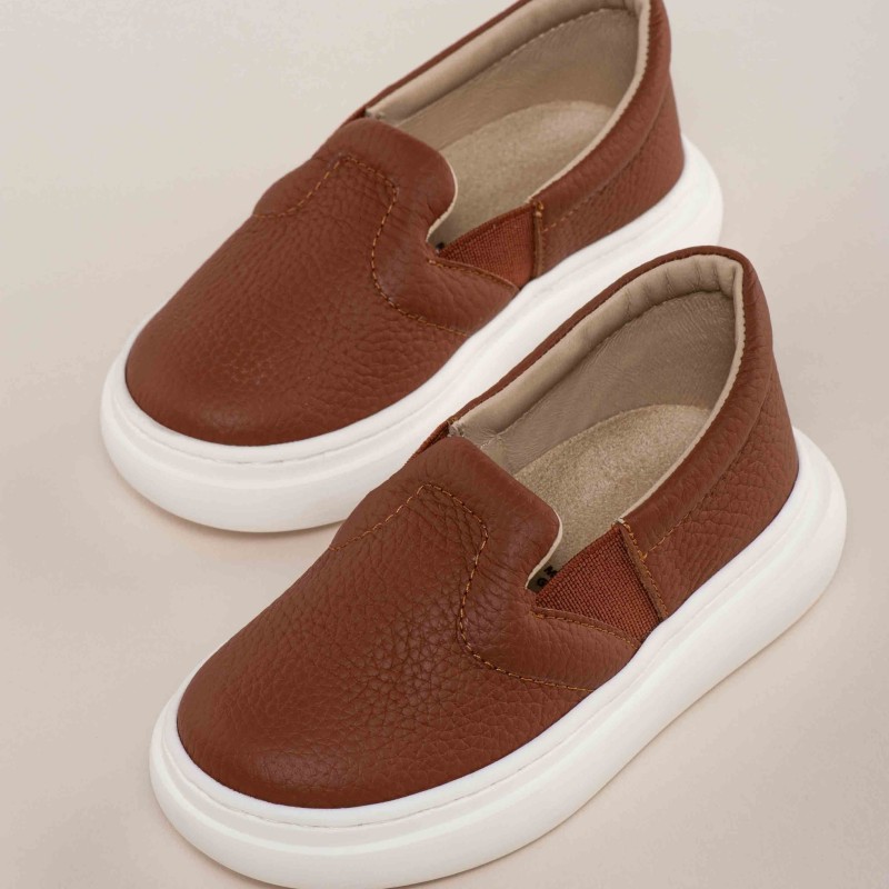 Children's Brown Leather Loafer Shoe With Elastic On The Side Babywalker