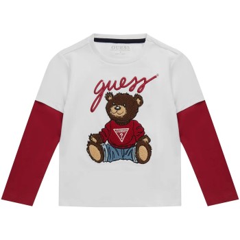 GUESS Boys’ white long-sleeve T-shirt with embroidered brown teddy bear GUESS Boys’ white long-sleeve T-shirt with embroidered brown teddy bear