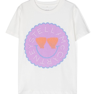 Stella McCartney Kids White Logo T-Shirt with Smiley and Shells