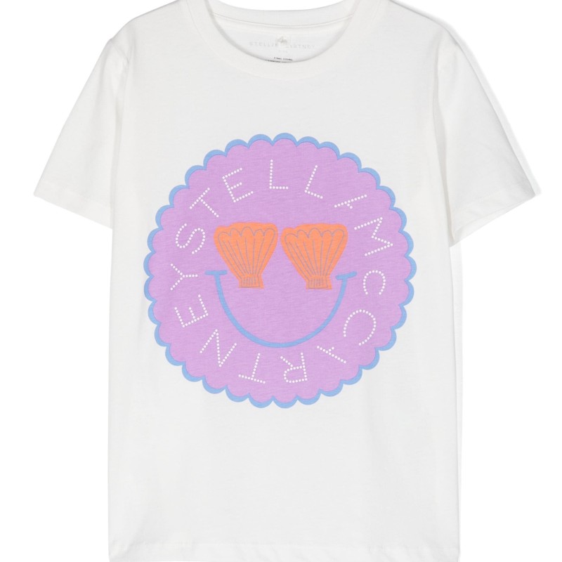 Stella McCartney Kids White Logo T-Shirt with Smiley and Shells