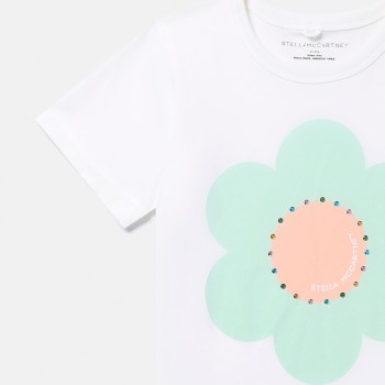 Stella McCartney Παιδικό Λευκό Μπλουζάκι με Πράσινη Μαργαρίτα και Swarovski