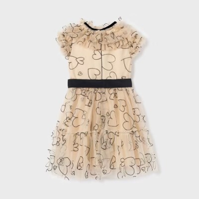 Children's Beige Tulle Dress With Black Hearts Abel & Lula