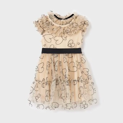 Children's Beige Tulle Dress With Black Hearts Abel & Lula