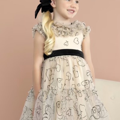 Children's Beige Tulle Dress With Black Hearts Abel & Lula
