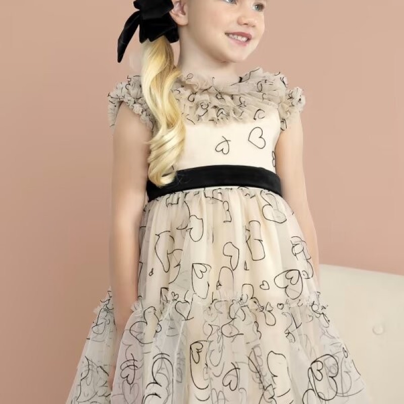 Children's Beige Tulle Dress With Black Hearts Abel & Lula