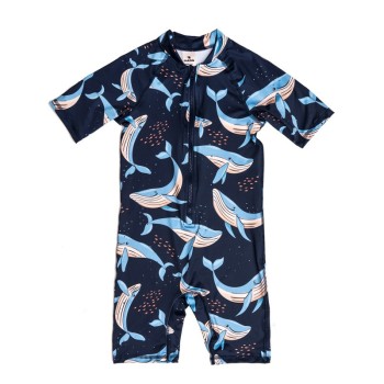Children's Blue Swim Overall With Whales Mullido