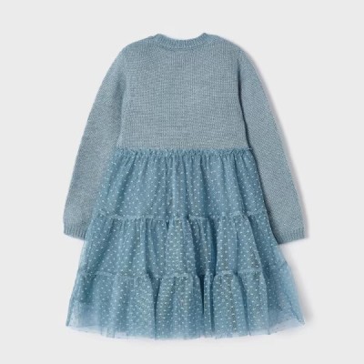 Children's Knitted Petrol Dress Combined With Tulle Mayoral
