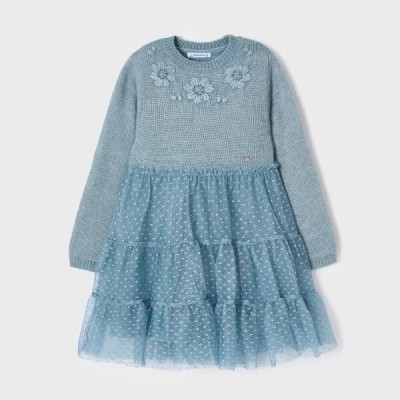 Children's Knitted Petrol Dress Combined With Tulle Mayoral