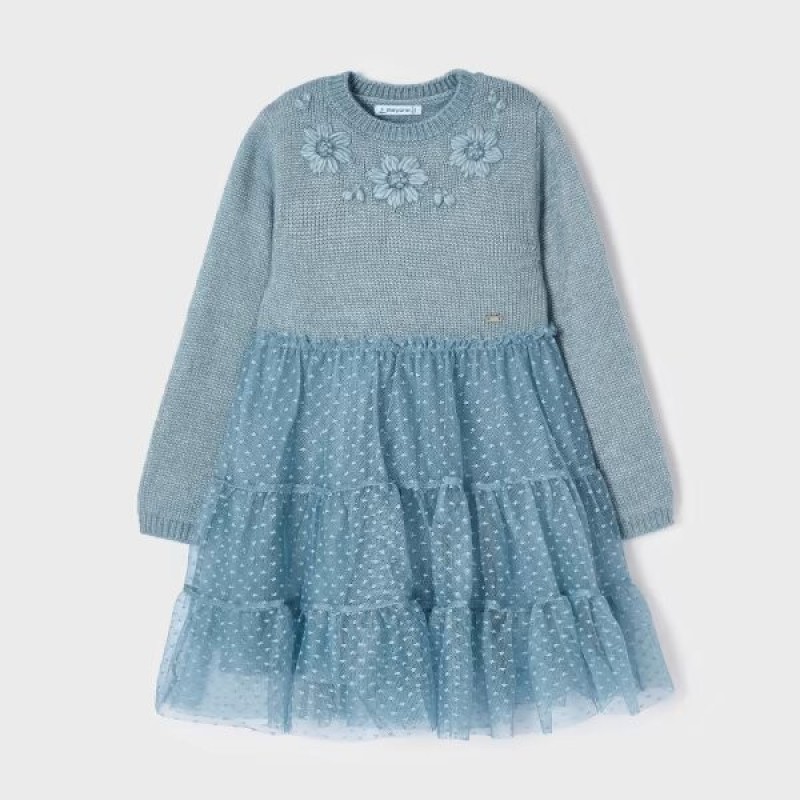 Children's Knitted Petrol Dress Combined With Tulle Mayoral