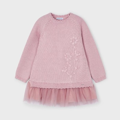 Children's Pink Knitted Woolen Dress with Tulle Mayoral