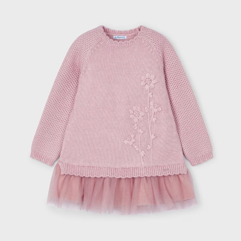 Children's Pink Knitted Woolen Dress with Tulle Mayoral