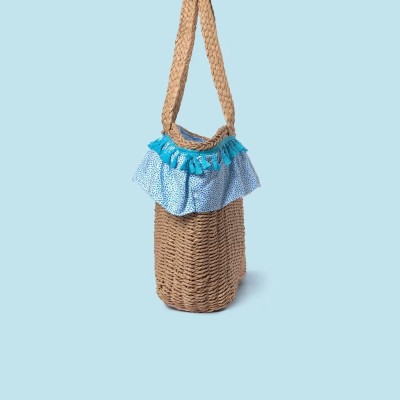 Mayoral Blue Polka Dot Straw Beige Beach Bag Mayoral Blue Polka Dot Straw Beige Beach Bag