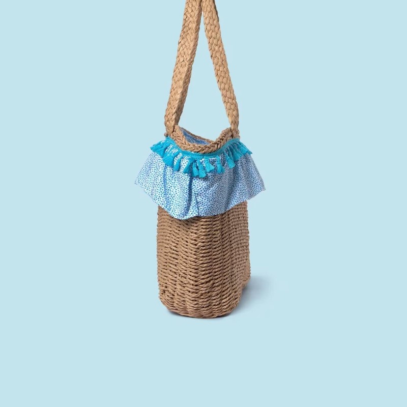 Mayoral Blue Polka Dot Straw Beige Beach Bag Mayoral Blue Polka Dot Straw Beige Beach Bag