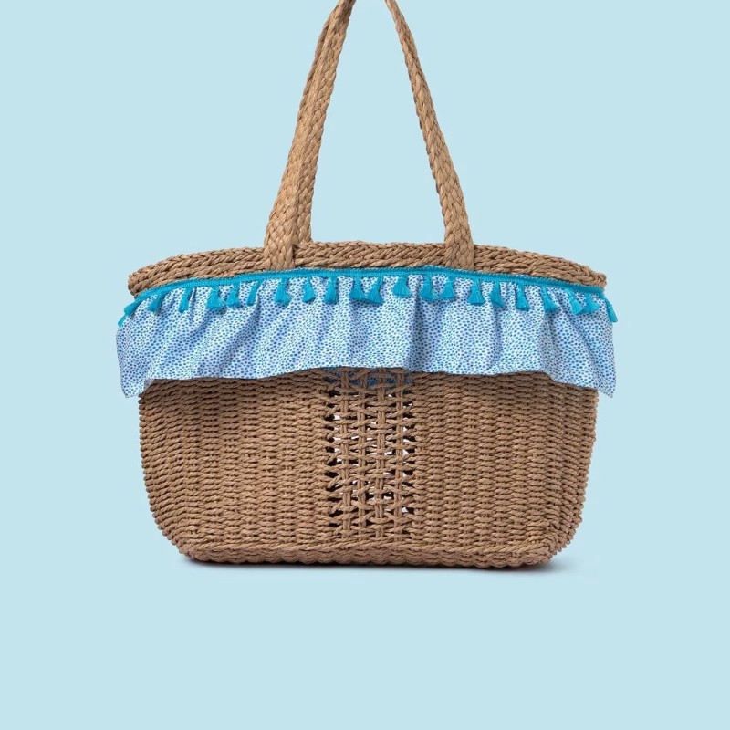 Mayoral Blue Polka Dot Straw Beige Beach Bag Mayoral Blue Polka Dot Straw Beige Beach Bag