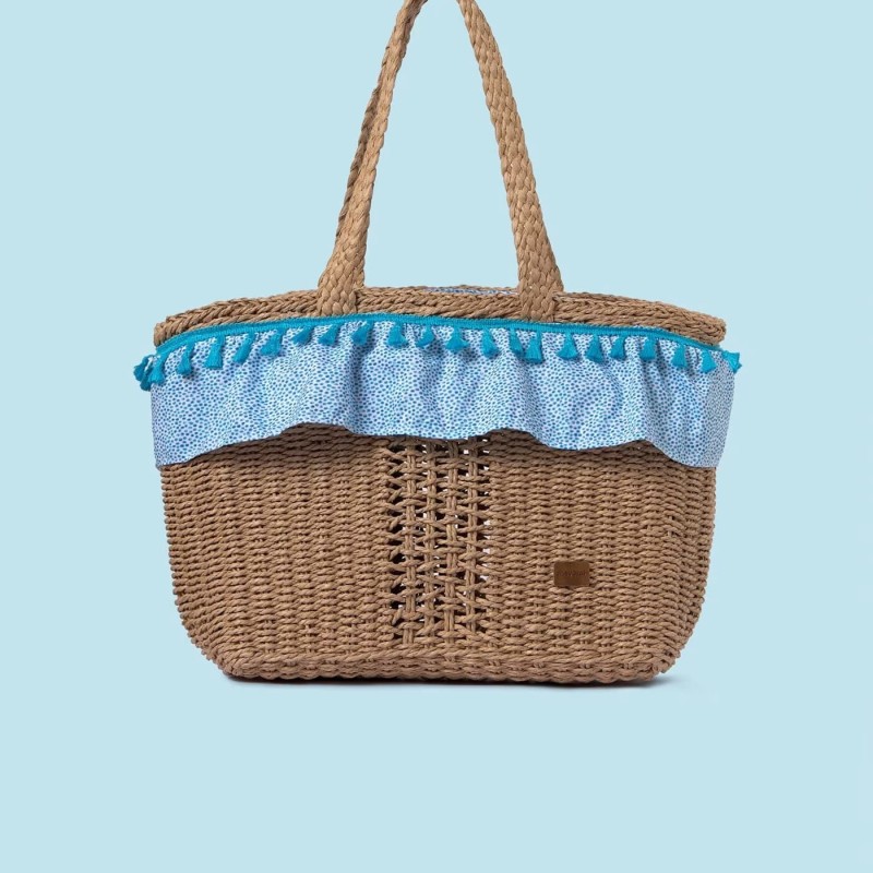 Mayoral Blue Polka Dot Straw Beige Beach Bag Mayoral Blue Polka Dot Straw Beige Beach Bag
