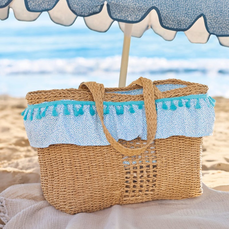 Mayoral Blue Polka Dot Straw Beige Beach Bag Mayoral Blue Polka Dot Straw Beige Beach Bag