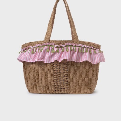 Mayoral Pink Stripe Straw Beige Beach Bag