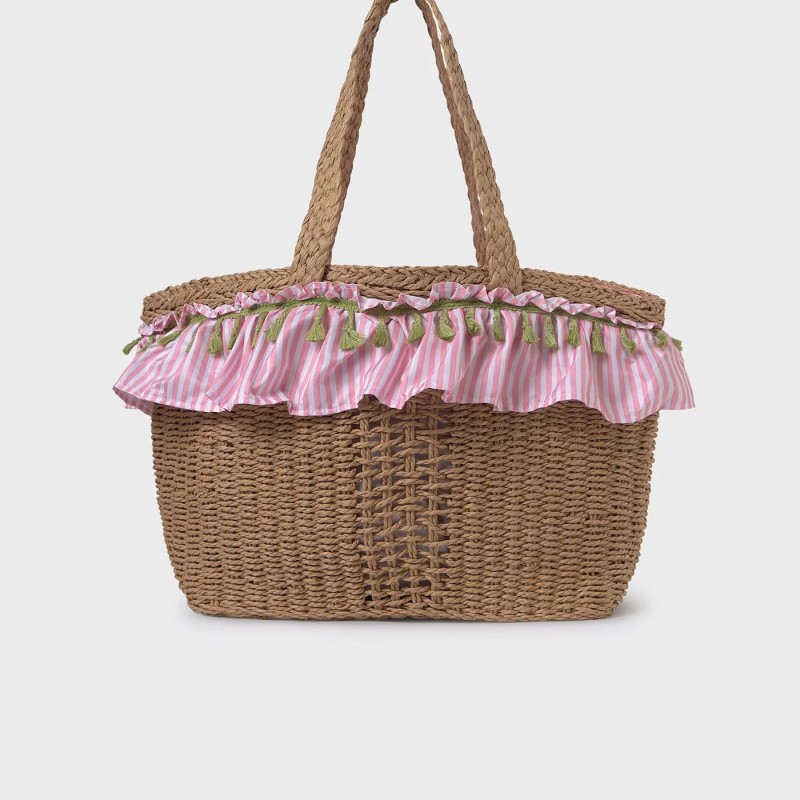 Mayoral Pink Stripe Straw Beige Beach Bag Mayoral Pink Stripe Straw Beige Beach Bag