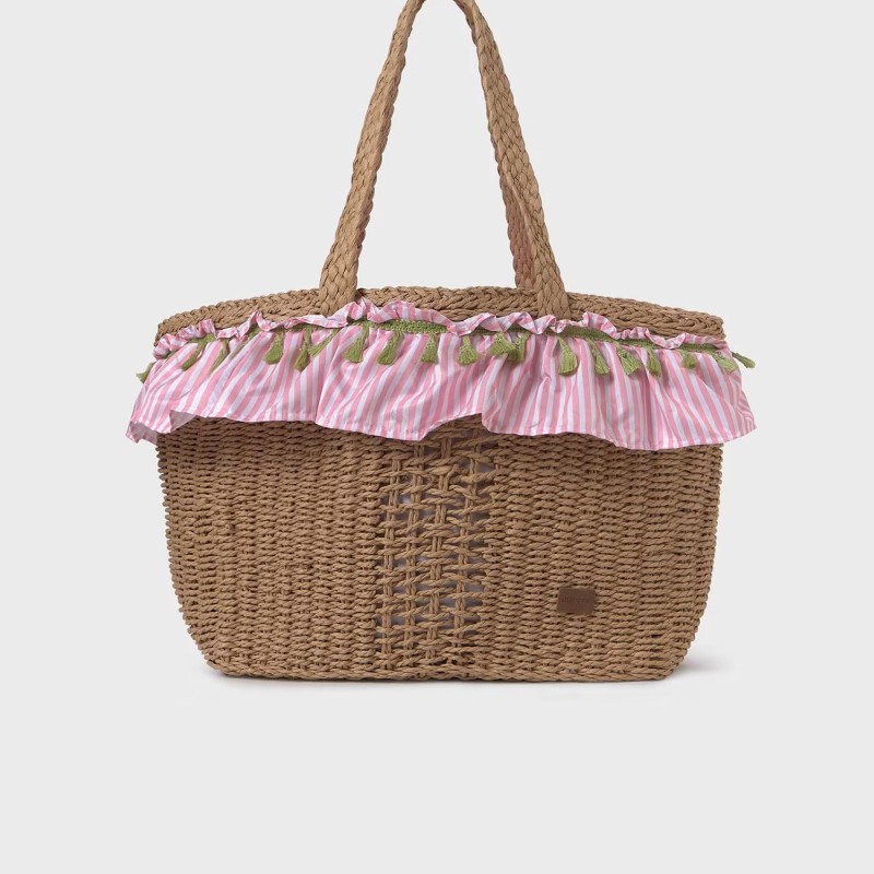 Mayoral Pink Stripe Straw Beige Beach Bag
