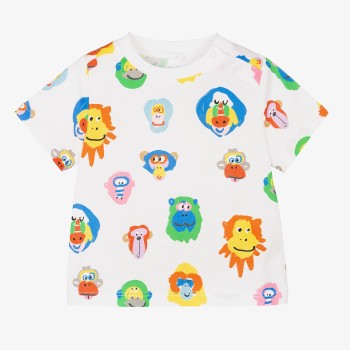 Stella McCartney Βρεφικό Λευκό Μπλουζάκι με Πολύχρωμες Χαμογελαστές Μαϊμούδες