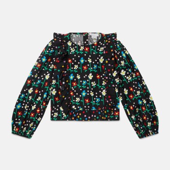 Stella McCartney Black Ruffle Top with Colorful Daisies Stella McCartney Black Ruffle Top with Colorful Daisies