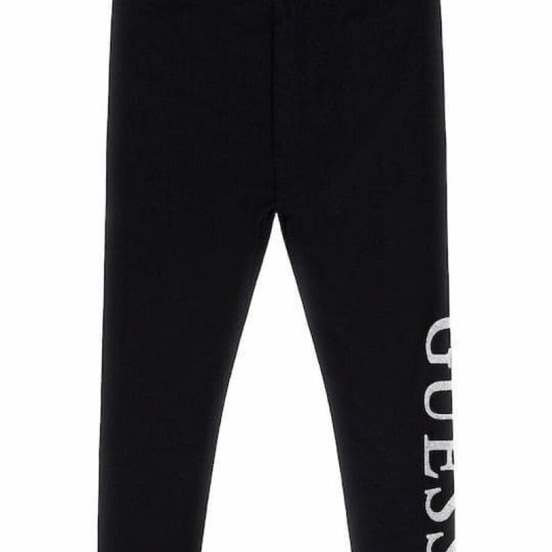 GUESS Girls’ Black Cotton Leggings with White Glitter Logo GUESS Girls’ Black Cotton Leggings with White Glitter Logo