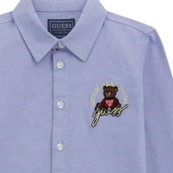 Guess Boys' Light Blue Oxford Shirt with Embroidered Logo and Teddy Bear