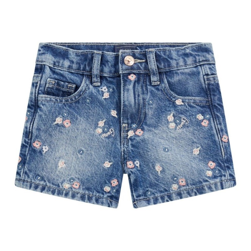 Guess Girls' Denim Shorts with Embroidered Flowers Guess Girls' Denim Shorts with Embroidered Flowers