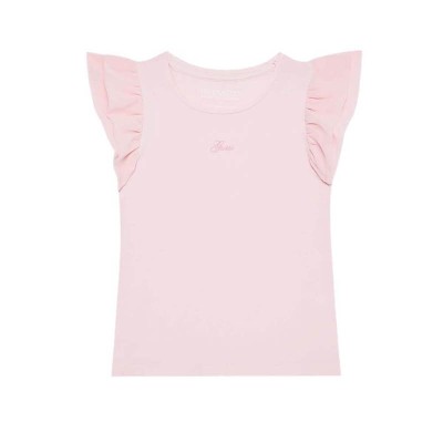 GUESS Girls’ Pink T-Shirt with Ruffle Sleeves and Embroidered Logo GUESS Girls’ Pink T-Shirt with Ruffle Sleeves and Embroidered Logo