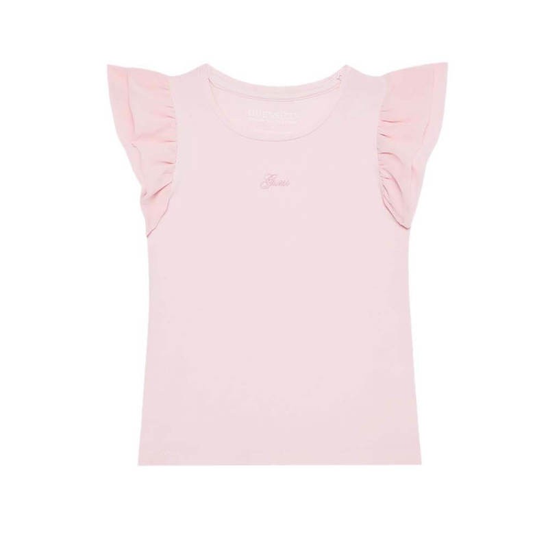 GUESS Girls’ Pink T-Shirt with Ruffle Sleeves and Embroidered Logo GUESS Girls’ Pink T-Shirt with Ruffle Sleeves and Embroidered Logo