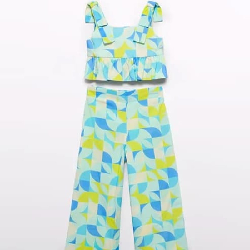Abel & Lula Girls' Turquoise Printed Trousers Set Abel & Lula Girls' Turquoise Printed Trousers Set