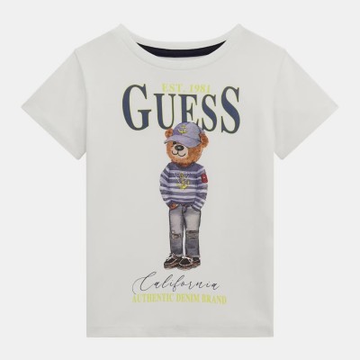 Guess Boys’ White T-Shirt with Bear Print and Logo
