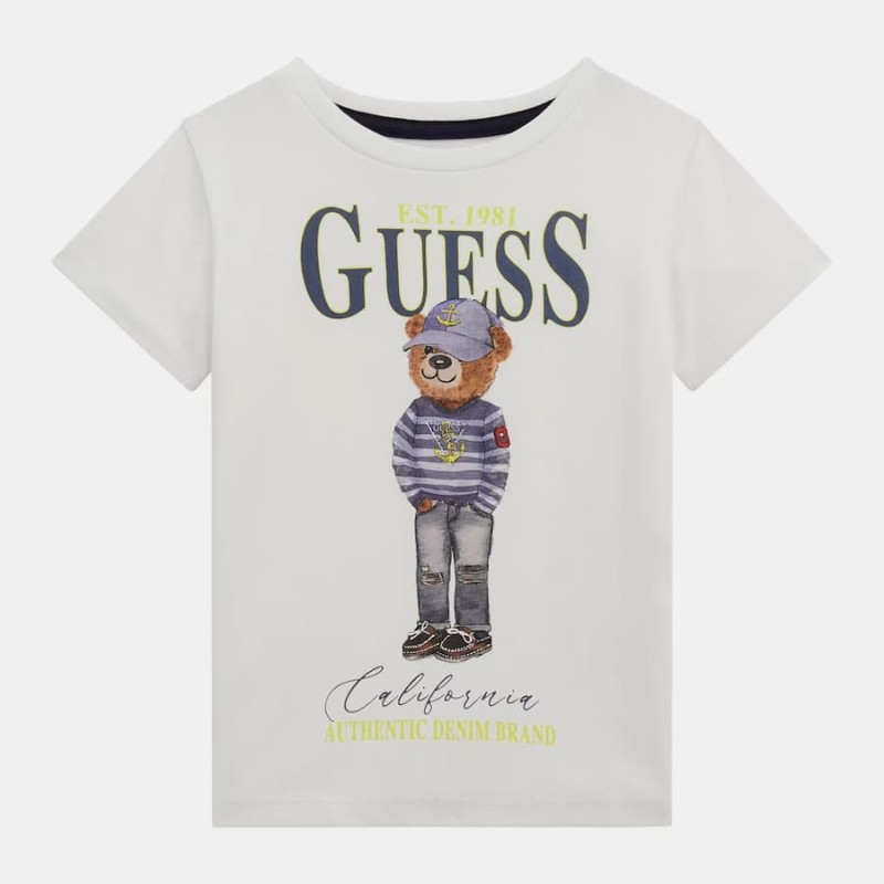 Guess Boys’ White T-Shirt with Bear Print and Logo