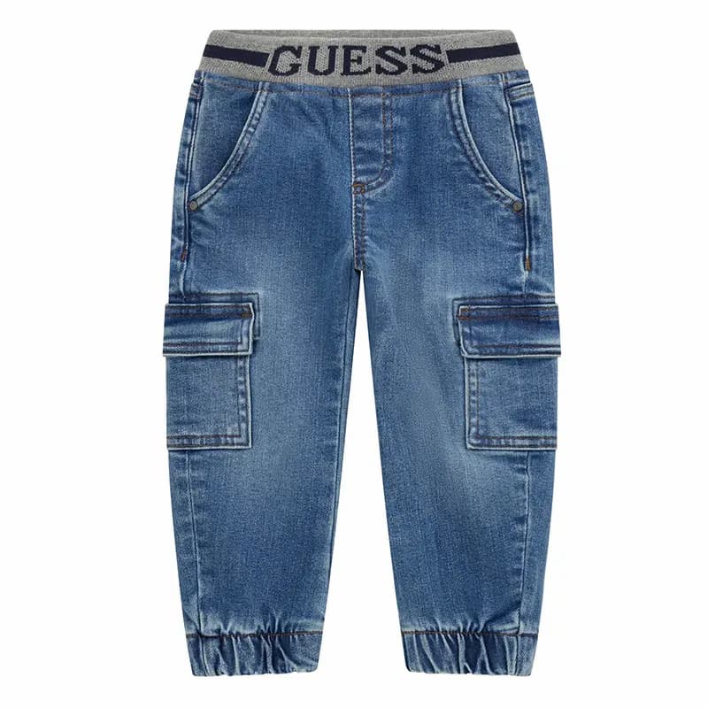 Guess Boys’ Blue Vintage Denim Cargo Pants with Logo Waistband