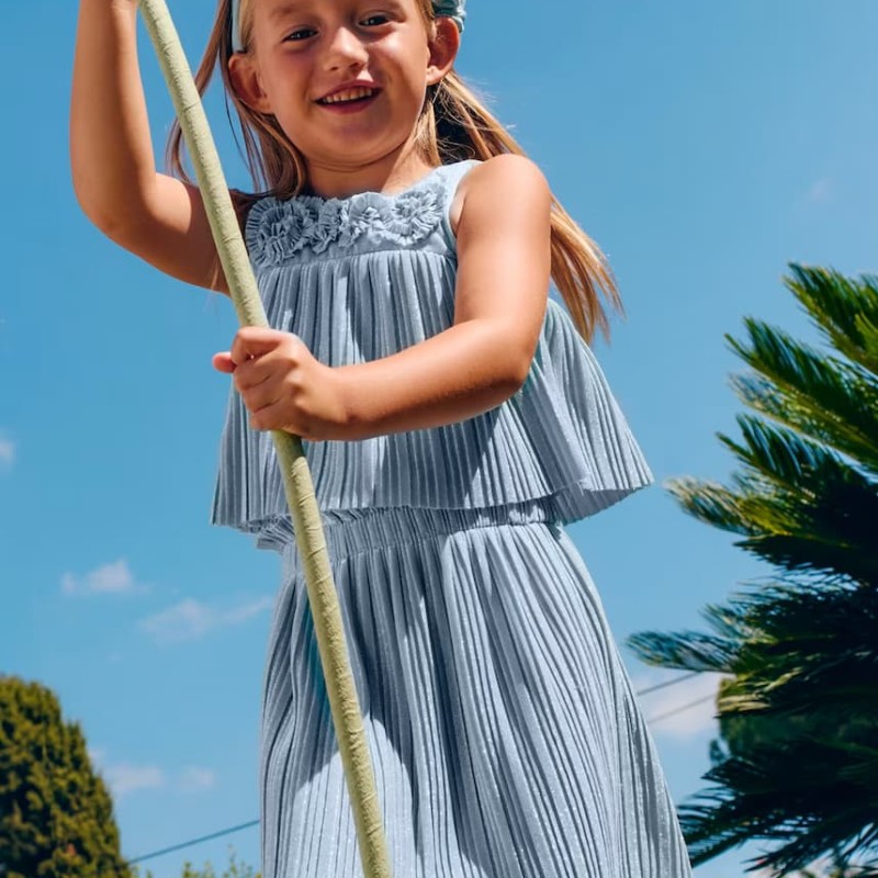 Abel & Lula Girls’ Outfit Set Top & Light Blue Pleated Glitter Skirt Abel & Lula Girls’ Outfit Set Top & Light Blue Pleated Glitter Skirt